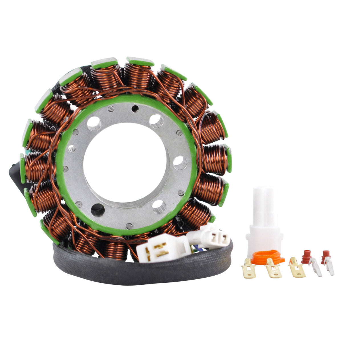 Copper wire coil stator with circular metal core and attached white electrical connectors and terminals.