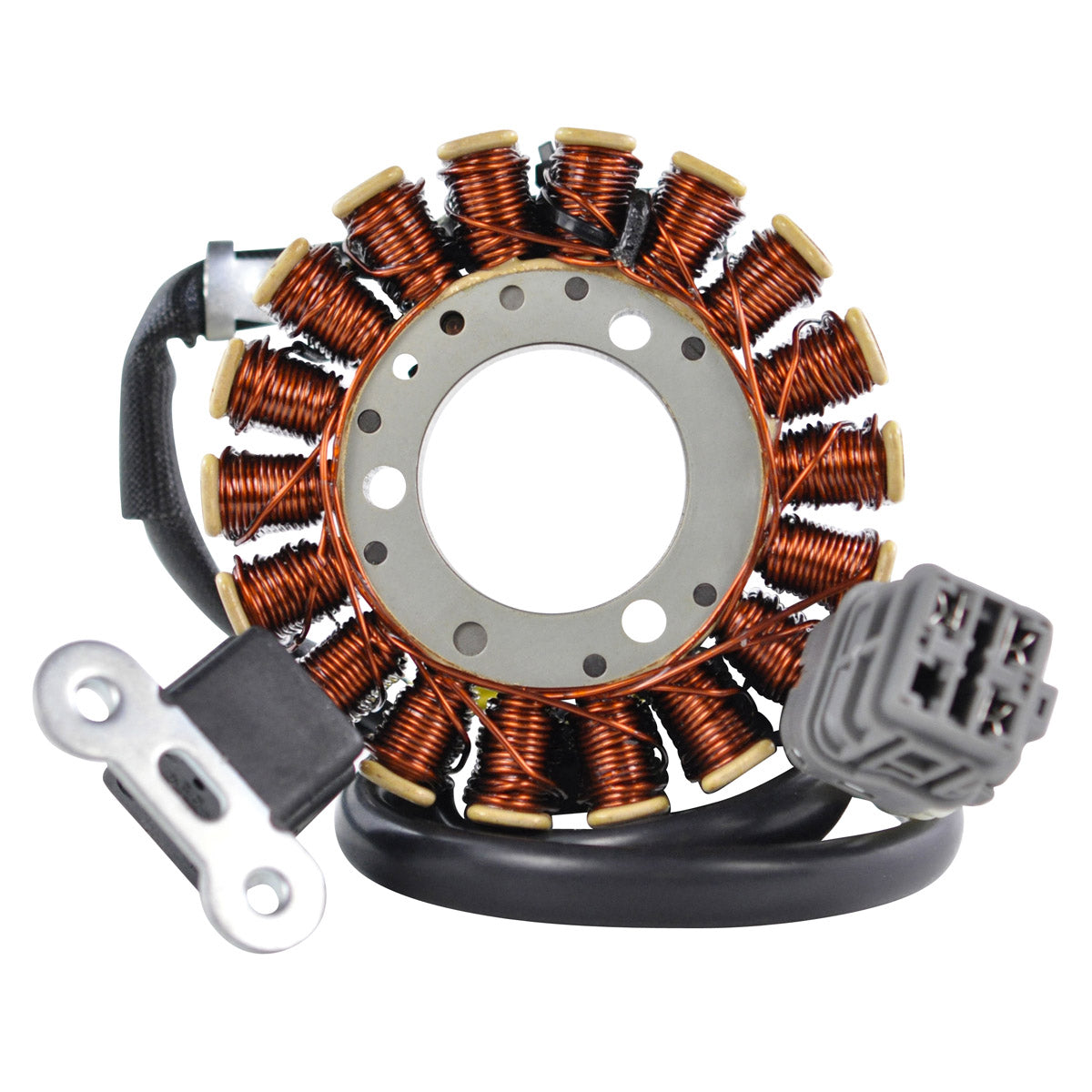 Circular motorcycle generator stator with multiple copper wire coils evenly spaced around a metal core and attached black.