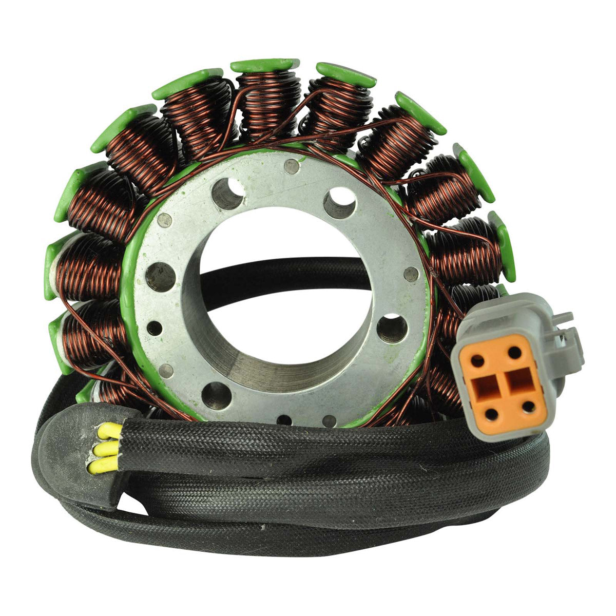 Circular motorcycle stator with copper wire coils, silver metal core, and black cable with orange connector.