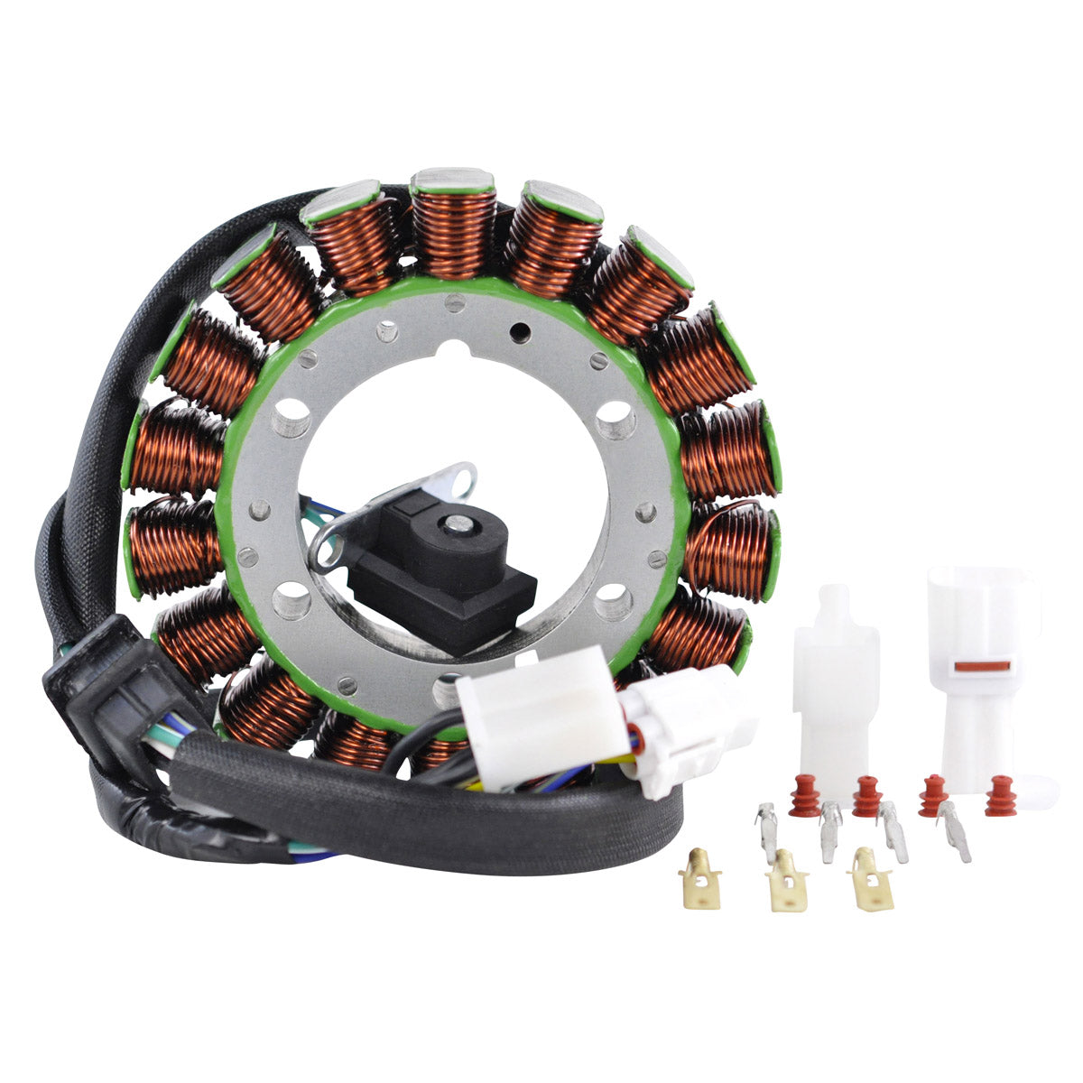 Circular motorcycle generator stator with copper wire coils on a green metal frame, attached black wiring harness, and white