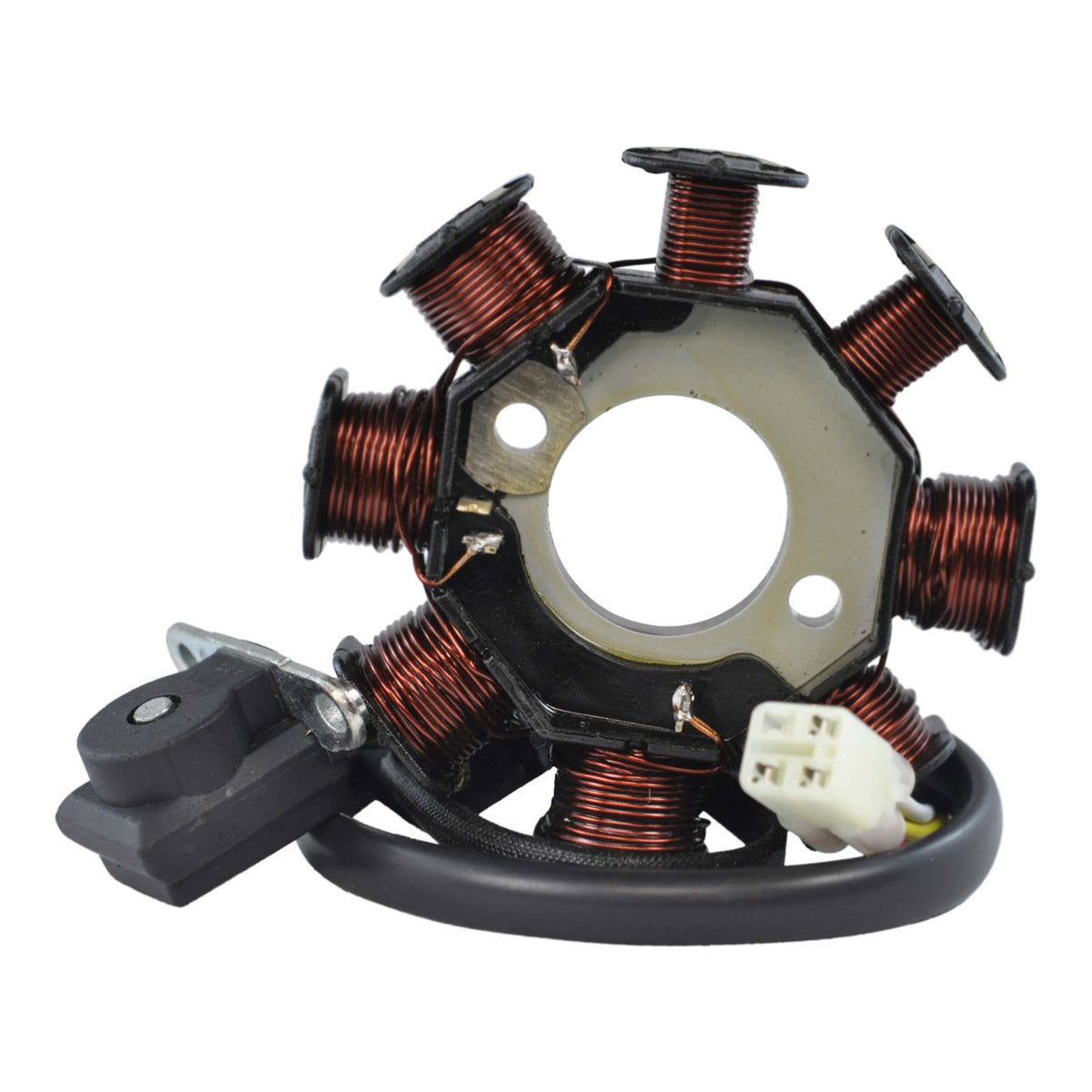 Circular motorcycle stator with six copper wire coils wrapped around black metal spokes and attached black wiring with white