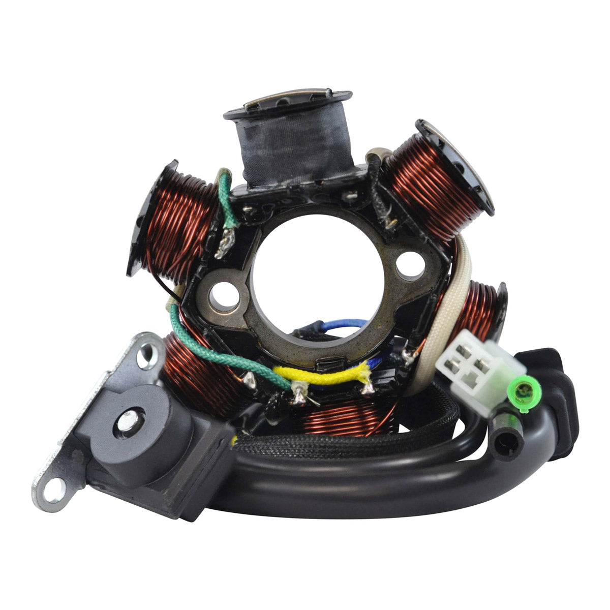Circular stator coil with six copper-wound poles and attached black wiring harness with white and green connector.