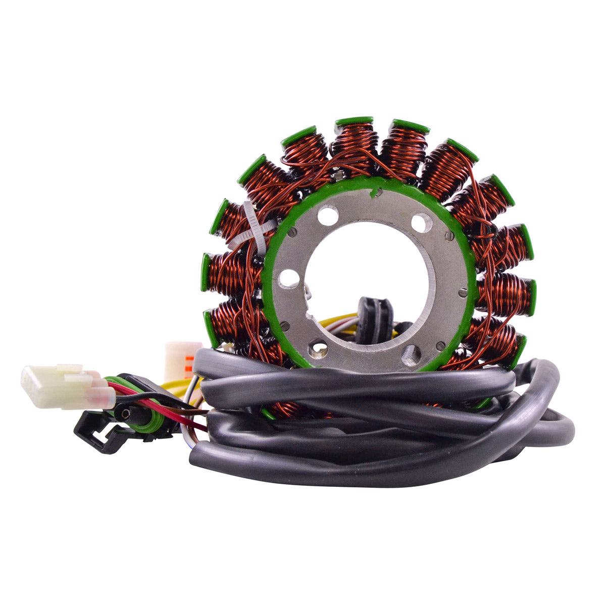 Circular motorcycle generator stator with copper wire coils and attached black wiring harness with connector.