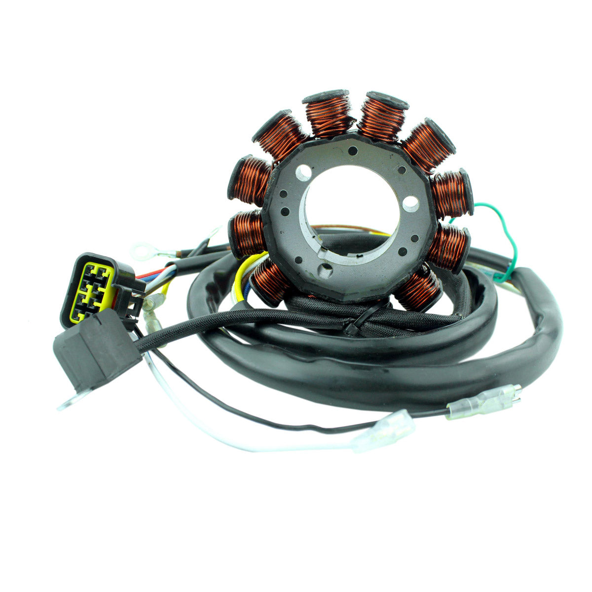 Motorcycle stator with copper wire coils and black wiring harness against white background.