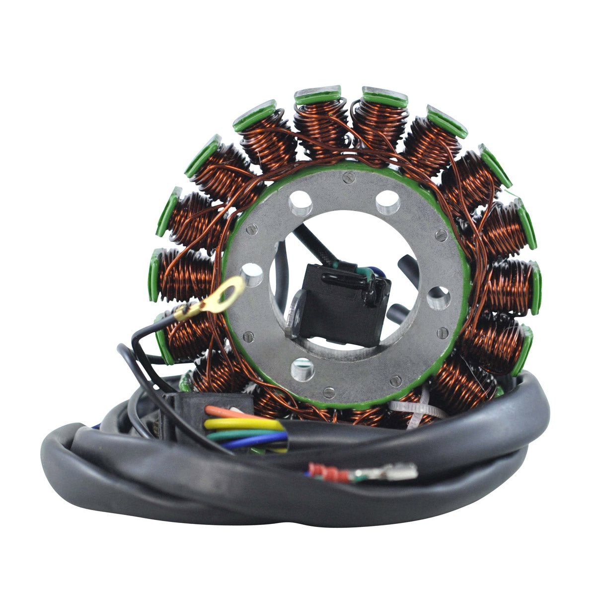 Circular motorcycle generator stator with copper wire coils evenly wrapped around metal frame and attached black wiring.
