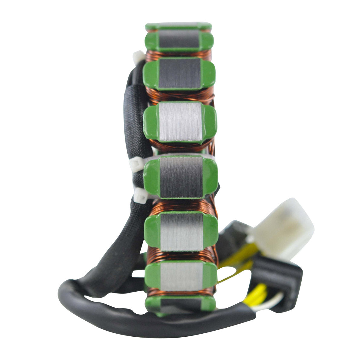 Motorcycle generator stator with copper coils wrapped around green core segments and attached black wiring harness with.