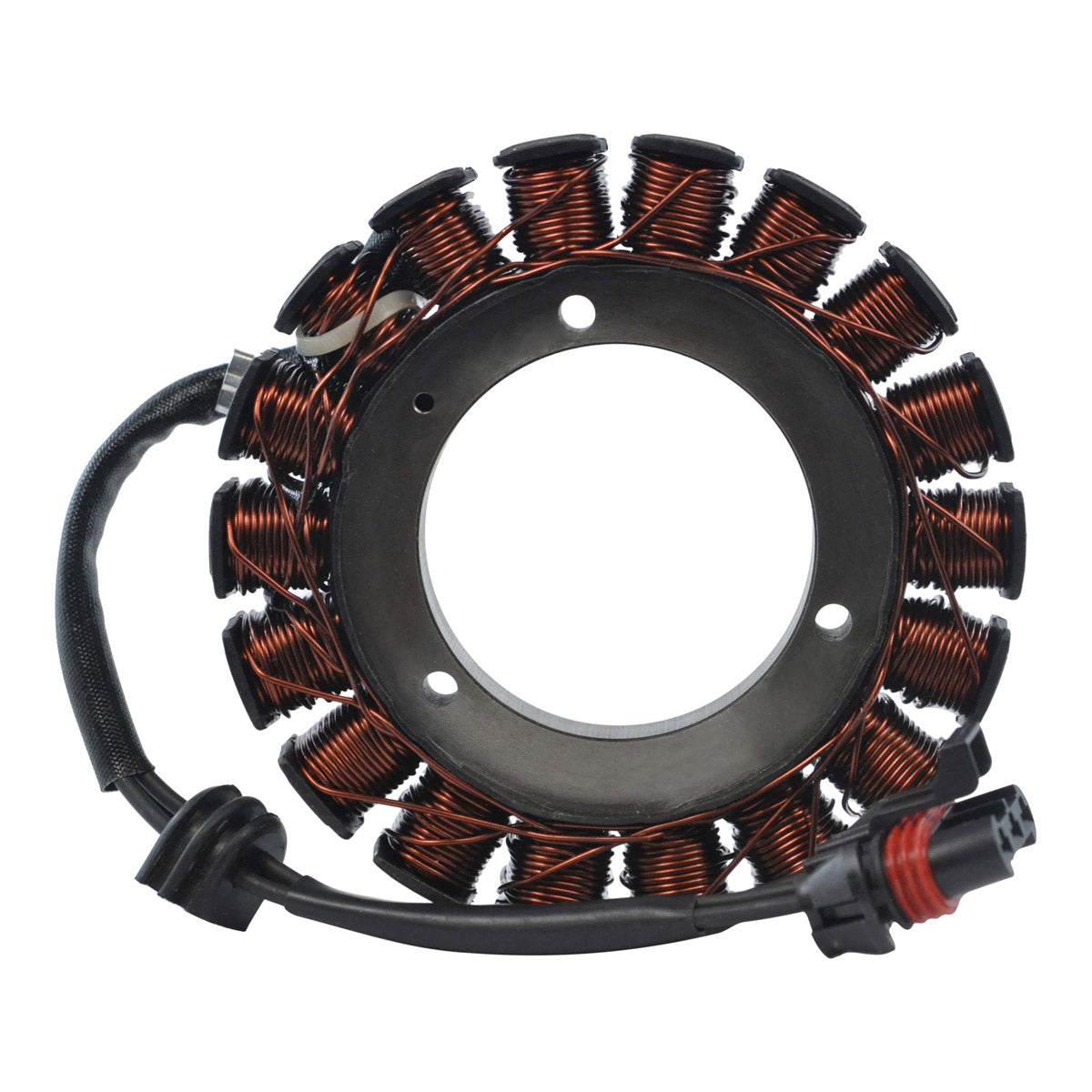 Circular motorcycle stator with multiple copper wire coils wrapped around black metal core and attached black wiring with.