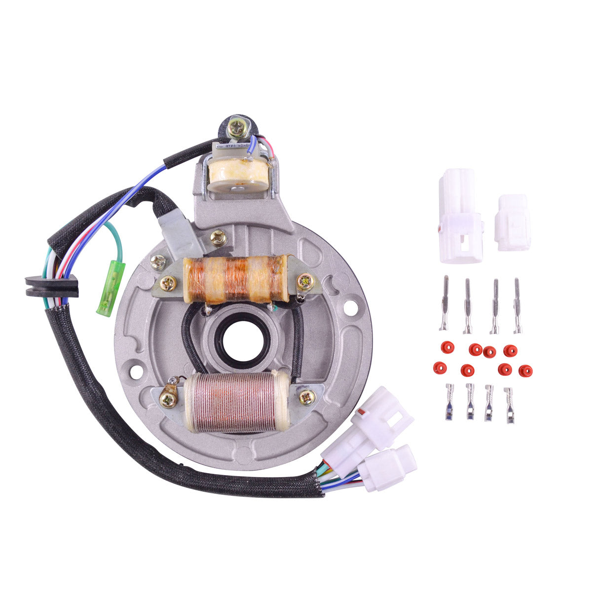 Round motorcycle stator with copper coils, attached wiring harness, and white plastic connectors with screws and washers on.