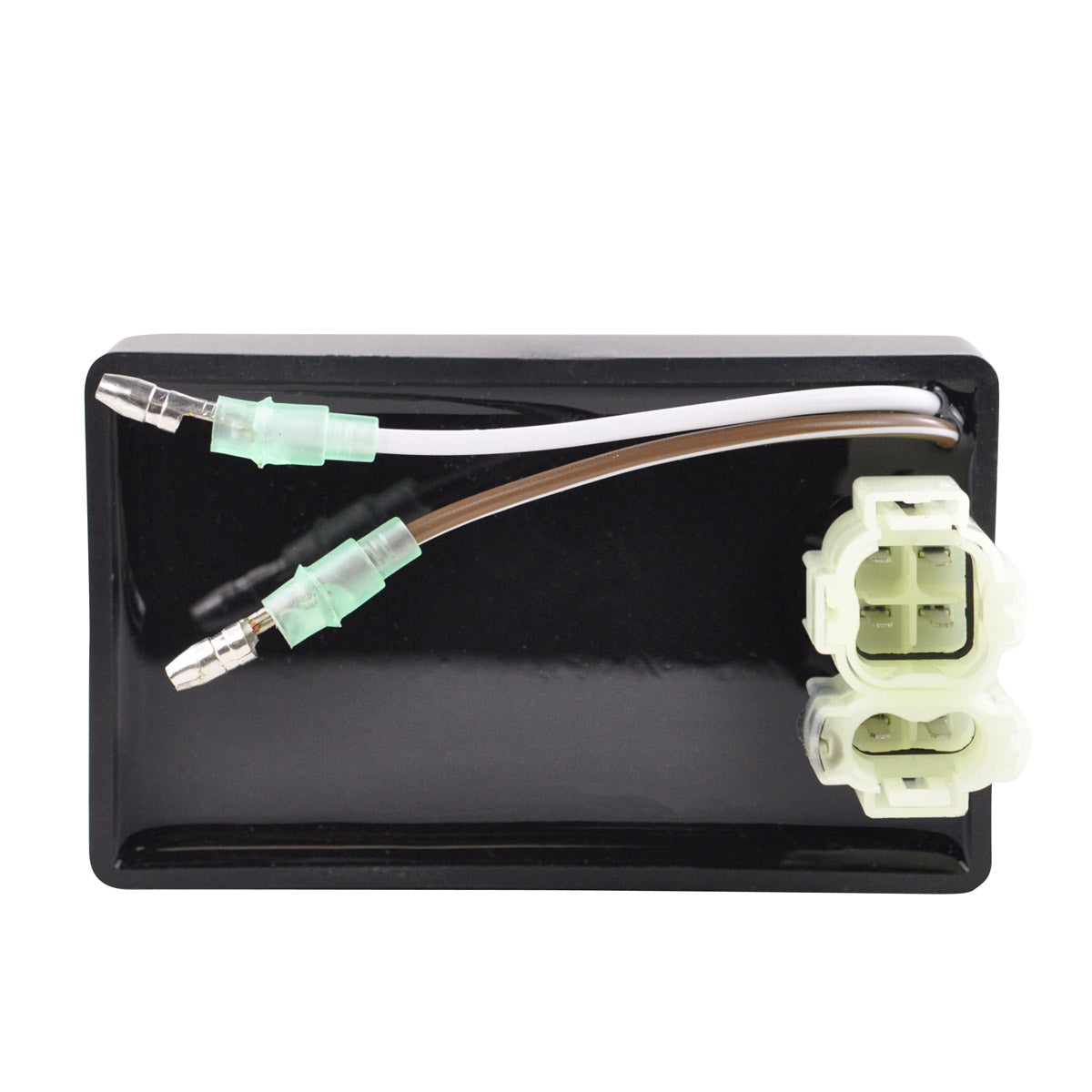 Black rectangular motorcycle CDI box with white dual-pin connector and two insulated wire leads with green connectors.
