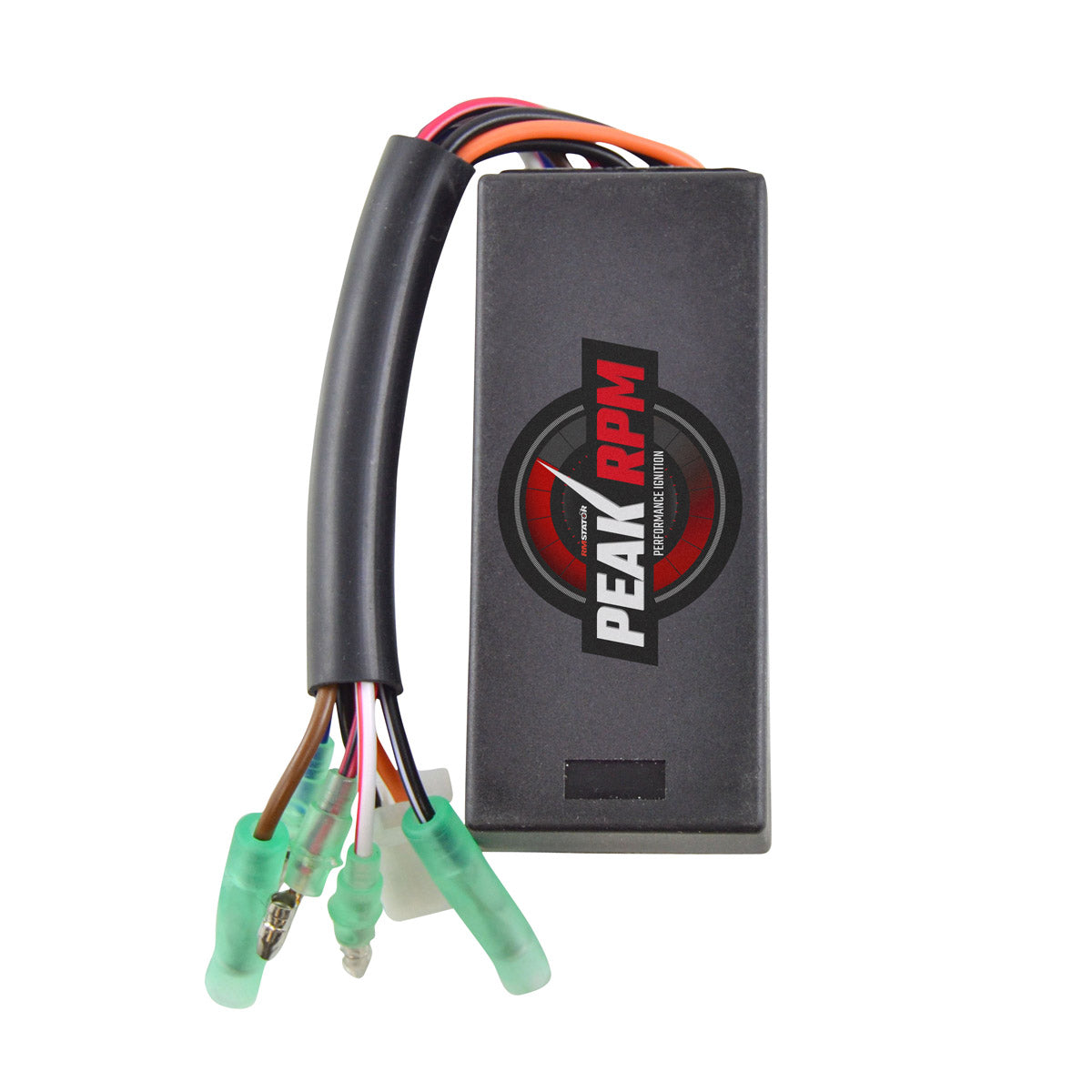 Compact black rectangular CDI box with red and white Peak RPM logo, attached wiring with green connector caps.