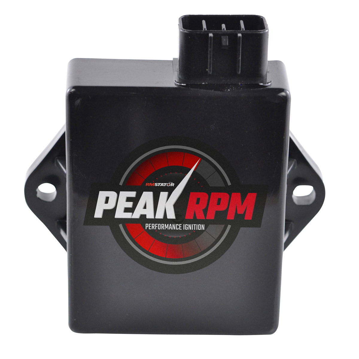 Black rectangular motorcycle CDI box with mounting holes and red Peak RPM logo on front.