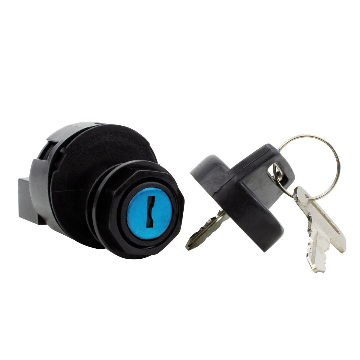 Black cylindrical 3-position ignition key switch with blue keyhole cover and two silver keys attached by a ring.