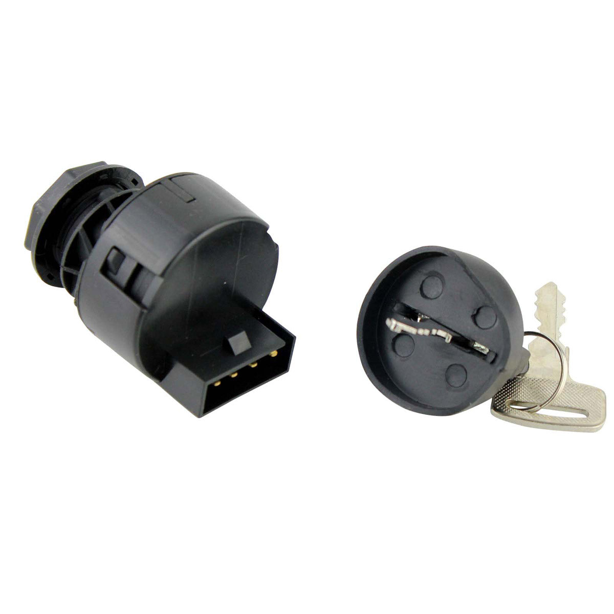 Black cylindrical 2-position ignition key switch with electrical connector and two silver keys on white background.