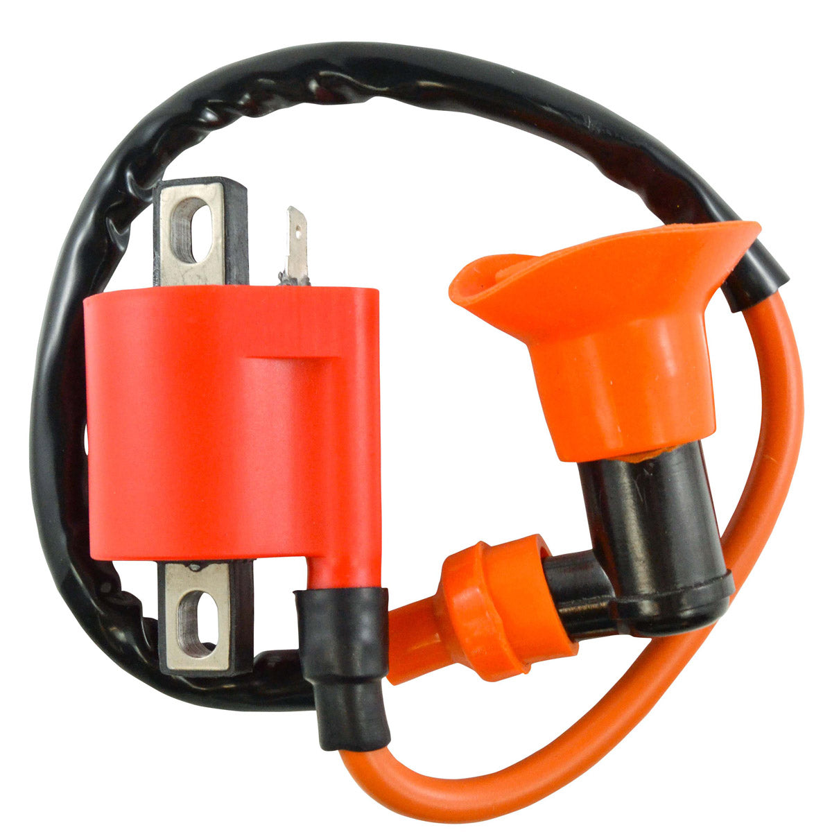 Bright red and orange external ignition coil with black wiring for motorcycle, featuring metal mounting brackets and.