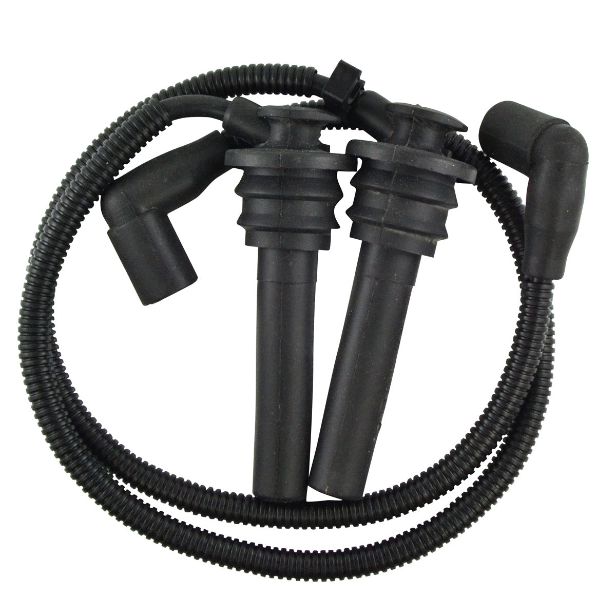 Pair of black rubber spark plug caps with flexible protective boots and ribbed insulators connected by coiled insulated.