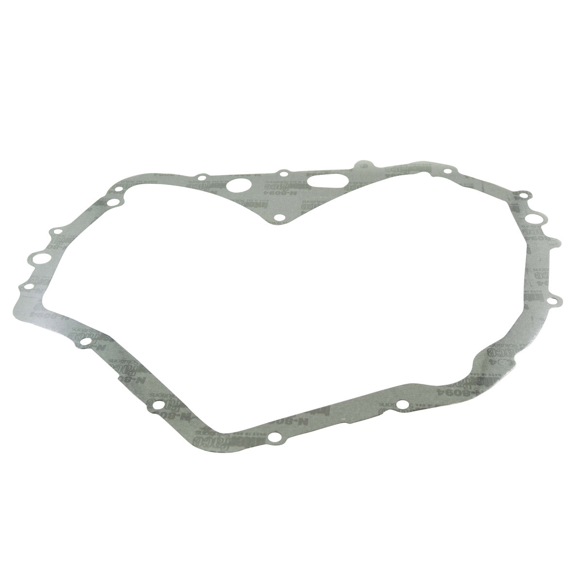 Gray irregular-shaped thin metal gasket with multiple bolt holes for crankcase cover seal.