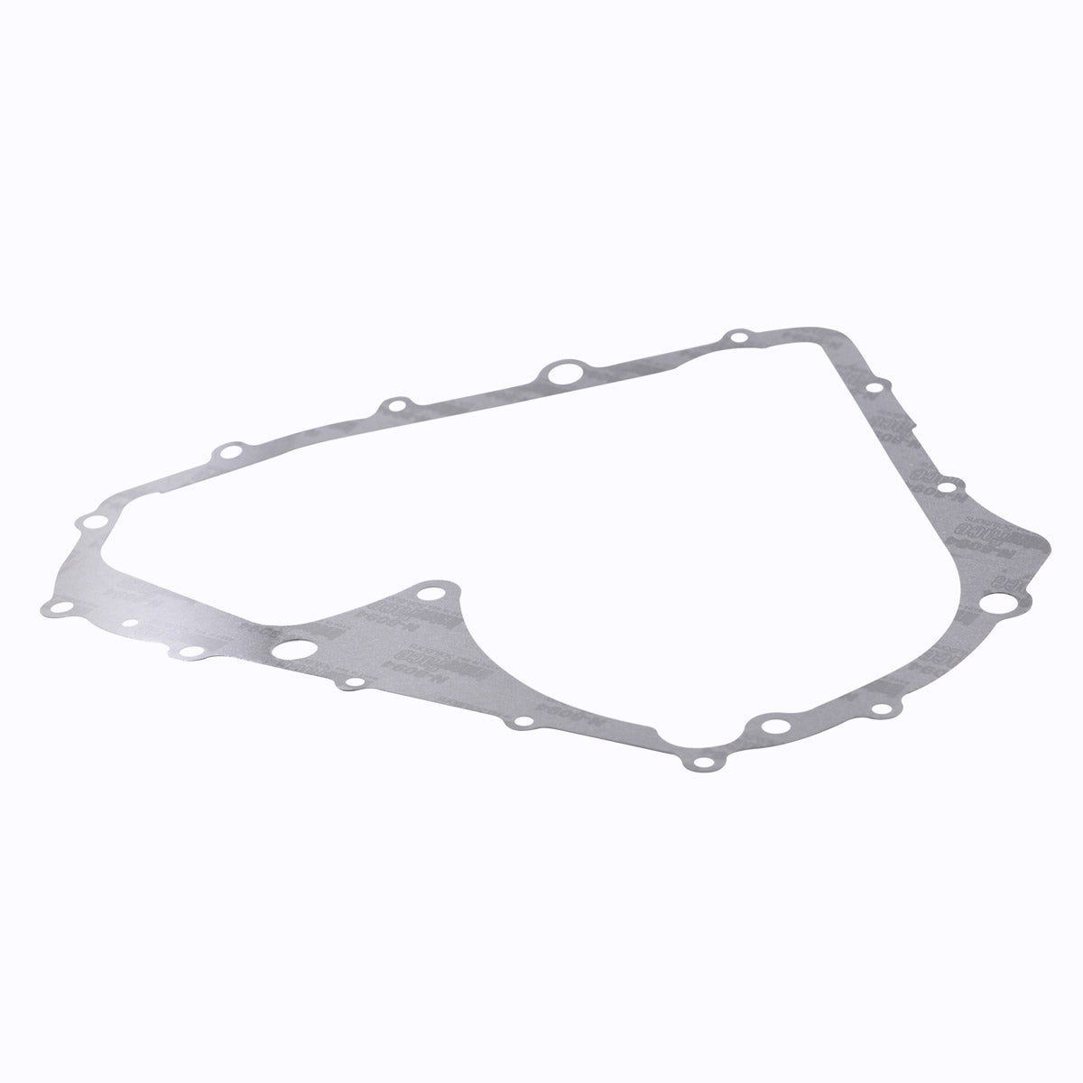 Thin silver metal stator gasket with multiple bolt holes and irregular rounded shape designed for motorcycle engines.