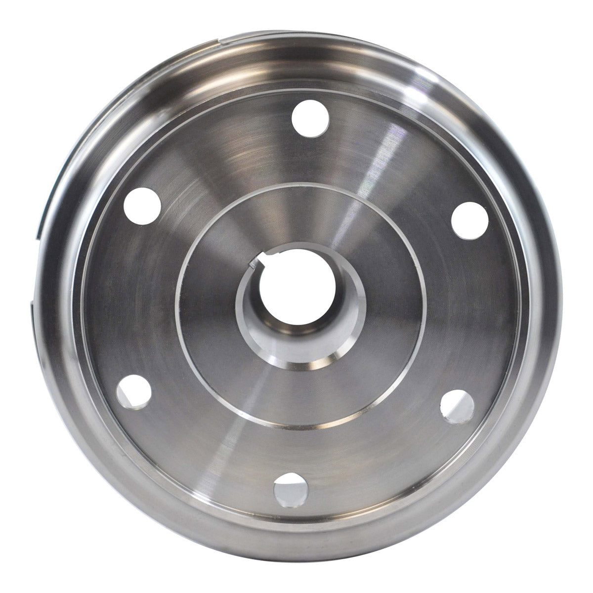Circular metallic flywheel rotor with six evenly spaced holes and a central hub opening, polished steel finish.