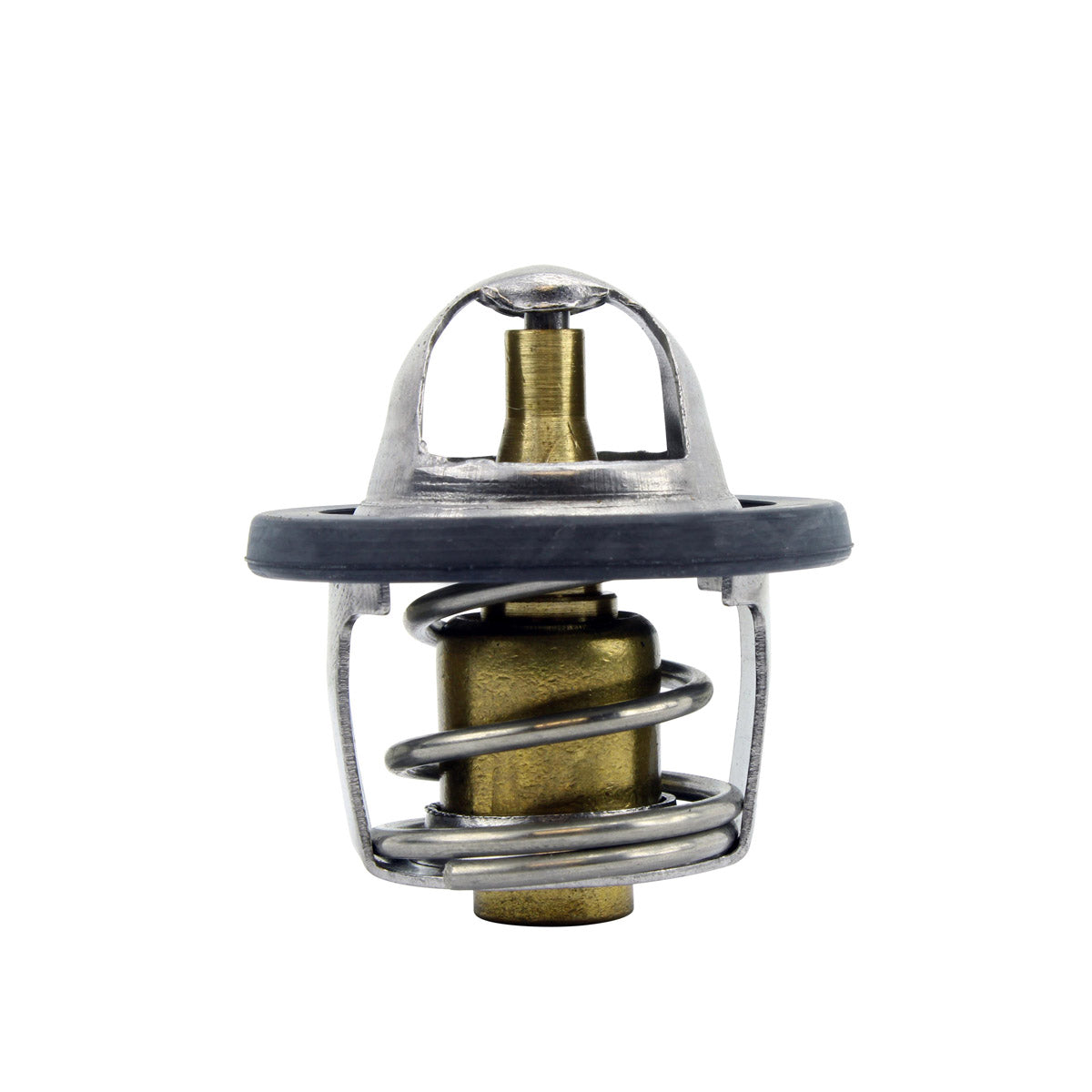 Motorcycle thermostat with brass center, coiled spring, and silver metal frame.