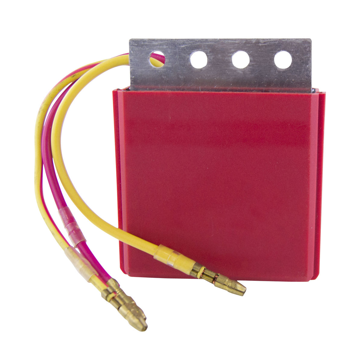 Red rectangular voltage regulator rectifier with silver mounting bracket and yellow and red insulated wires ending in brass.