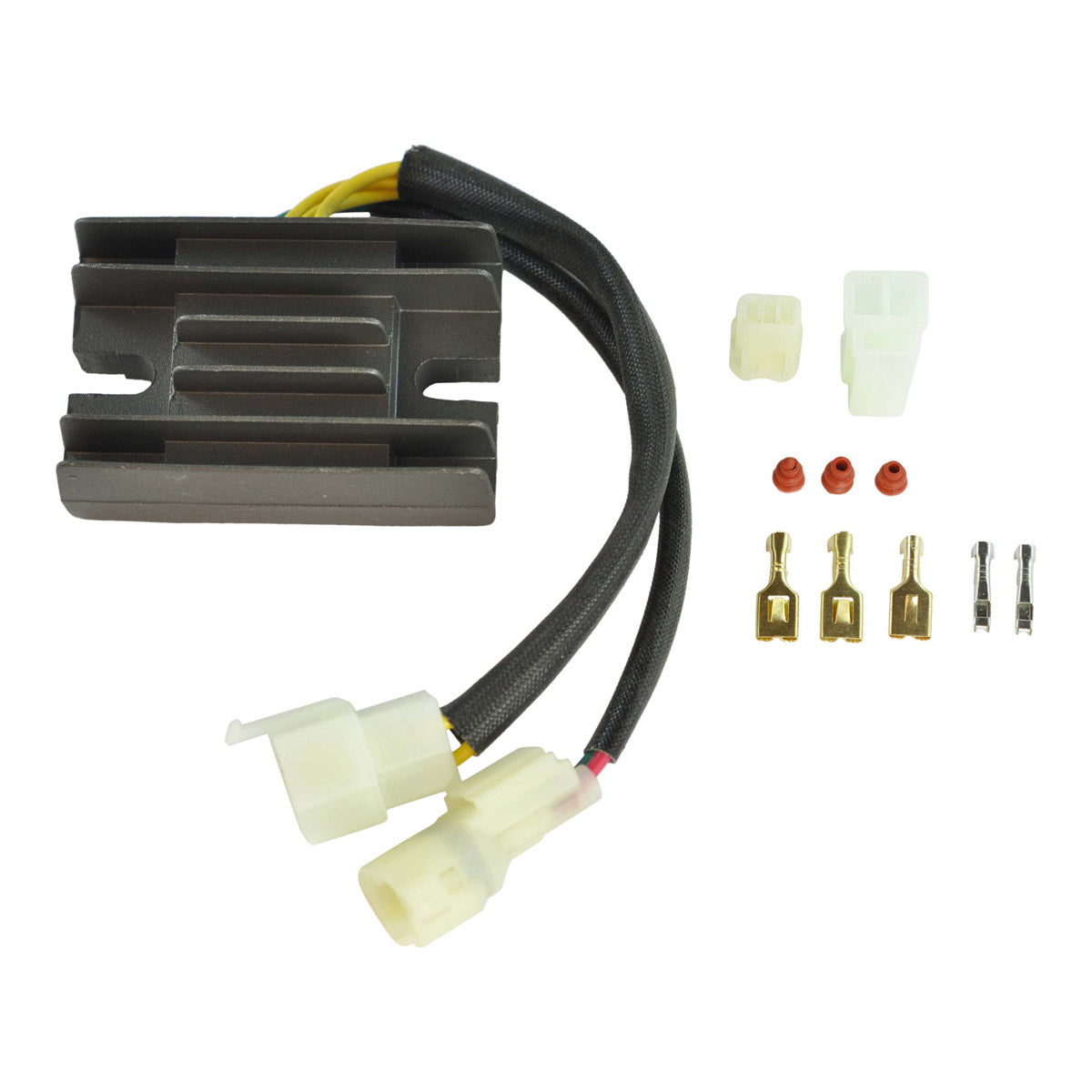 Black metal voltage regulator rectifier with cooling fins, two black cables ending in white plastic connectors, and small.