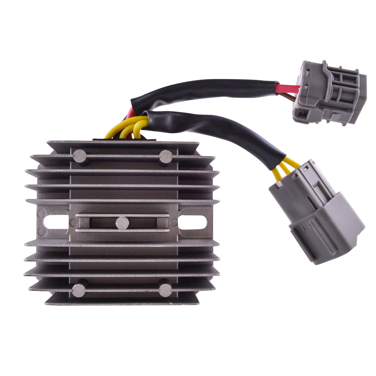 Compact rectangular metal voltage regulator rectifier with cooling fins and two black electrical cables ending in gray.