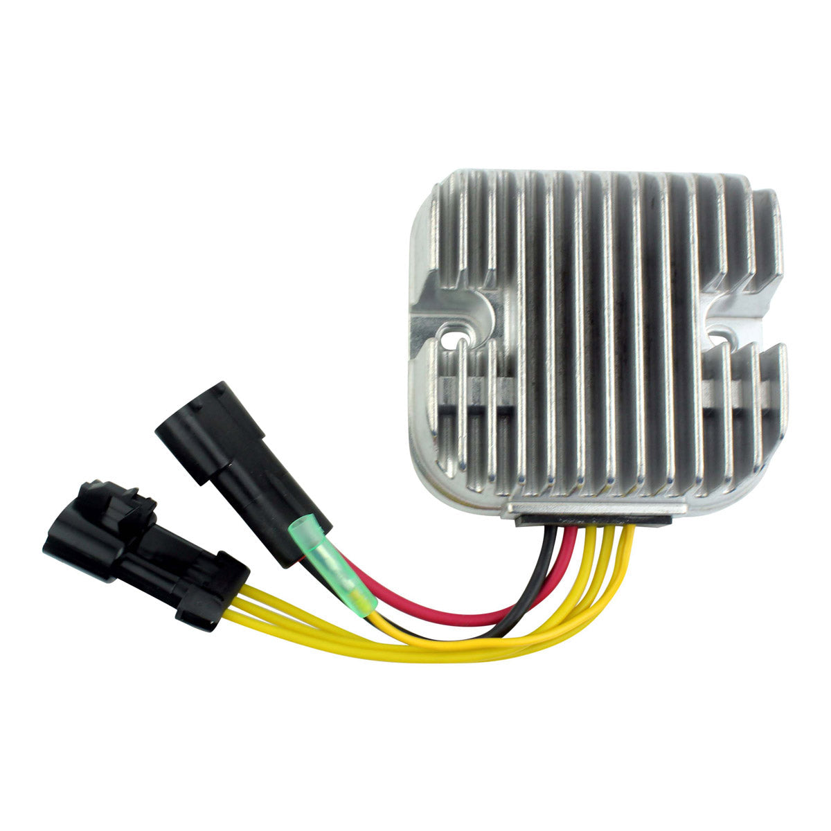 Compact silver aluminum mosfet voltage regulator rectifier with cooling fins and three black electrical connectors with.