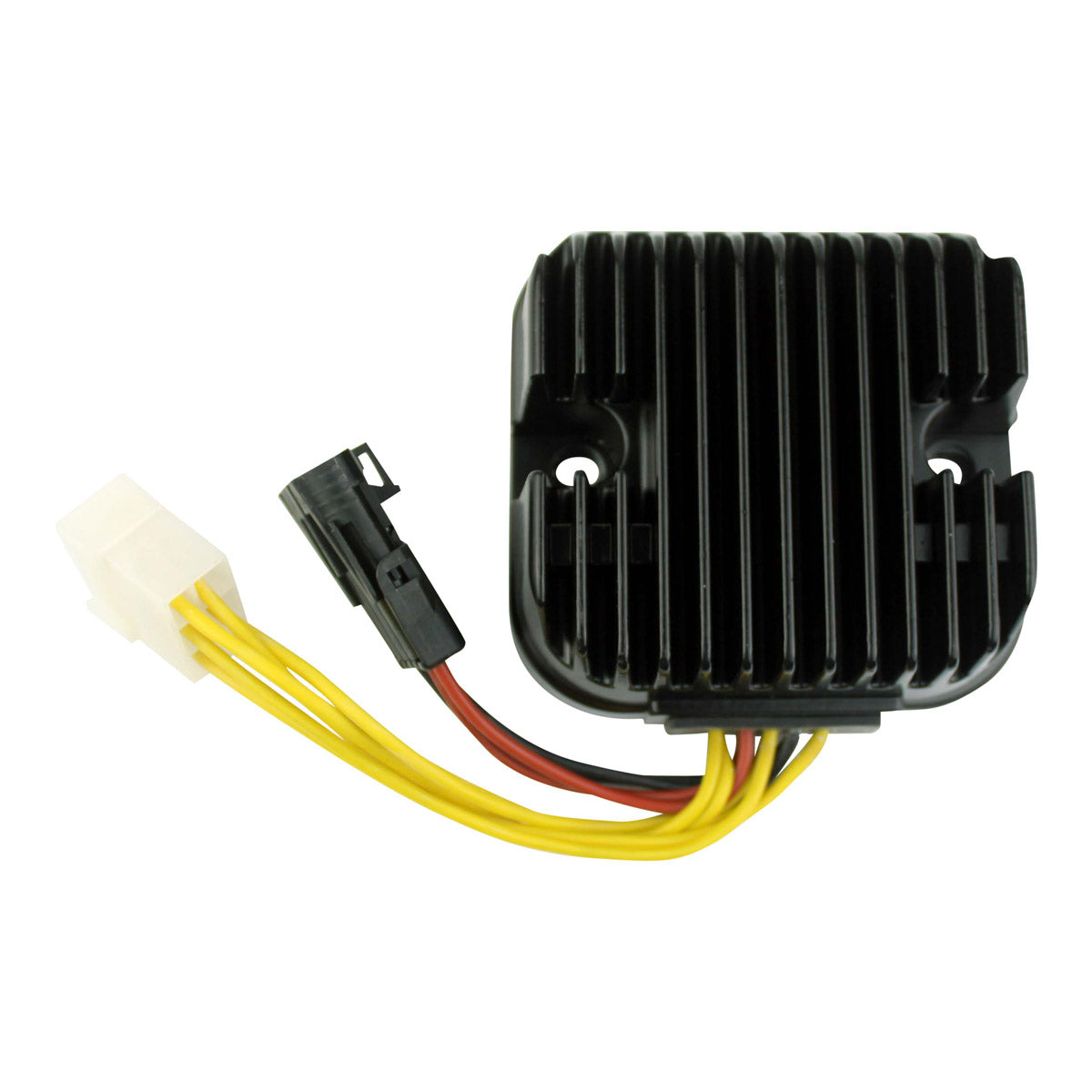 Black rectangular Mosfet voltage regulator with ribbed heat sink and attached yellow and red wires ending in white and black