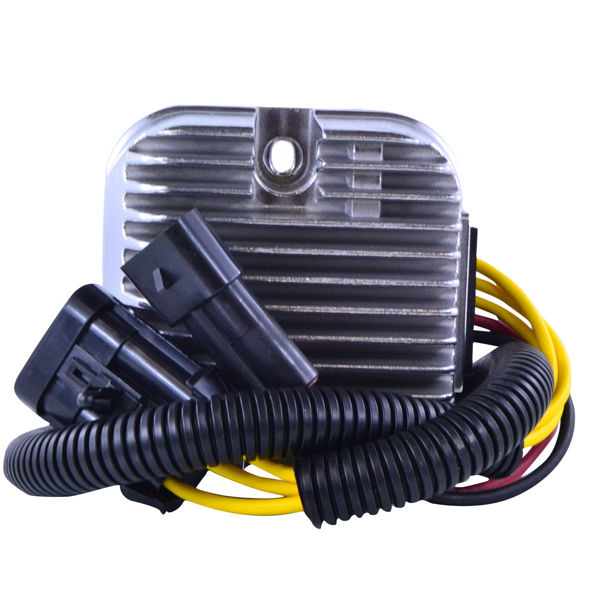 Silver metal Mosfet voltage regulator rectifier with cooling fins, black plastic connectors, and yellow wires wrapped in.