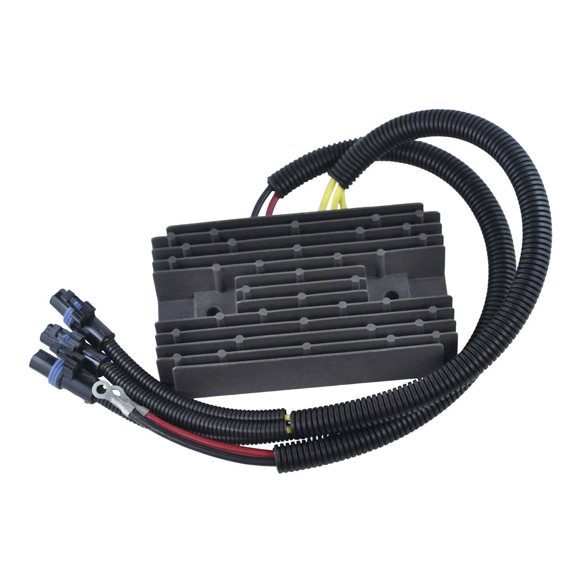 Black finned metal MOSFET voltage regulator rectifier with three bundled electrical wires ending in blue connectors.