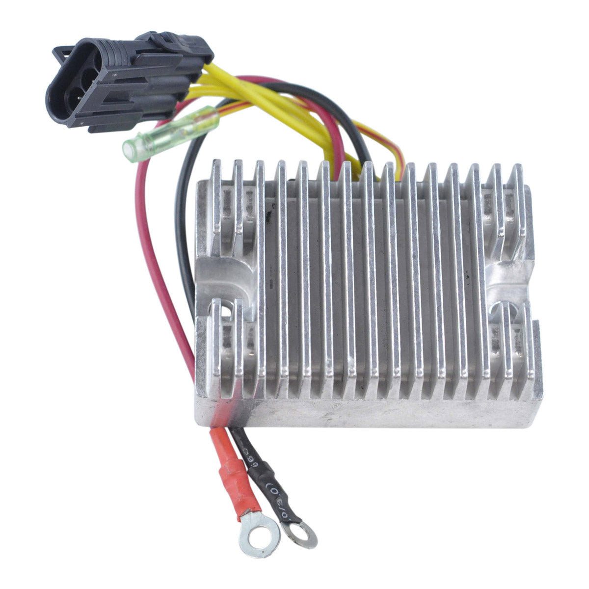 Silver aluminum finned Mosfet voltage regulator rectifier with black and red wires and black connector plug.