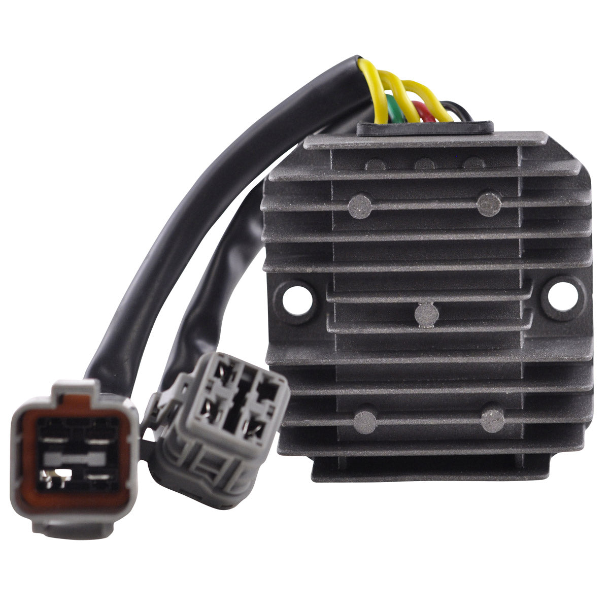 Black aluminum voltage regulator rectifier with cooling fins and two multi-pin electrical connectors attached by black.
