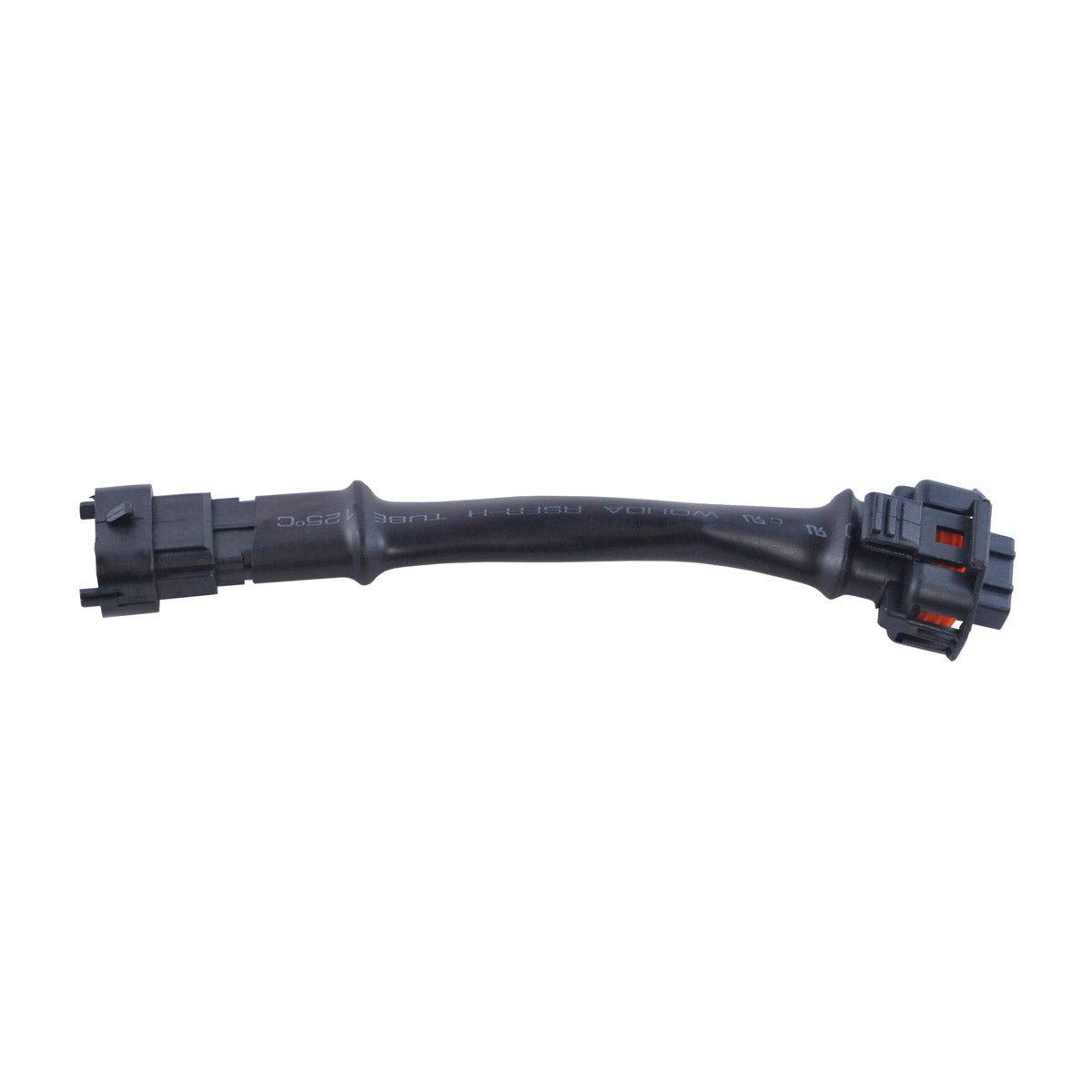 Black short cable harness with rectangular plastic connectors on both ends, designed for motorcycle use.