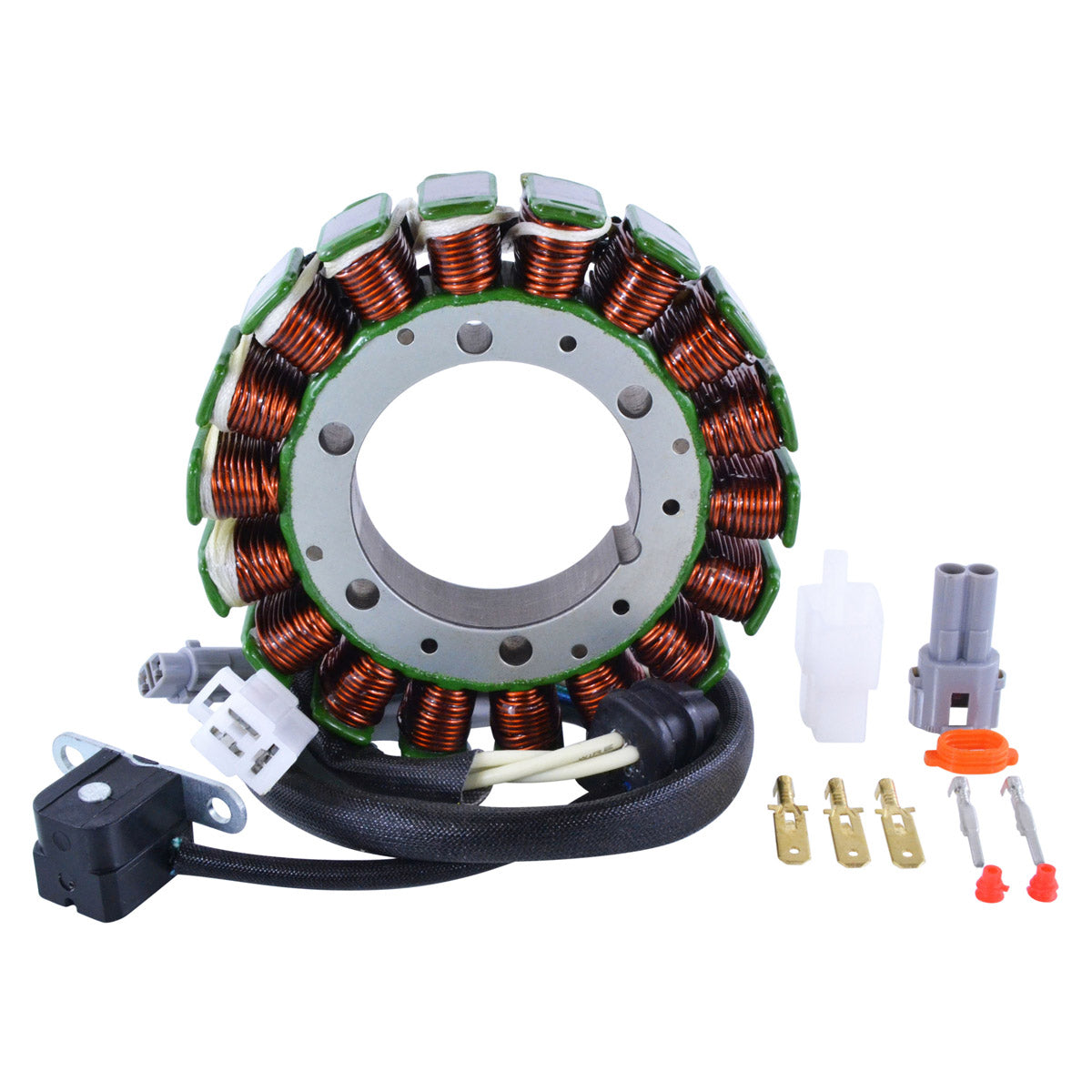 Circular motorcycle stator with copper coil windings, gray metal core, attached black wiring harness, and included.