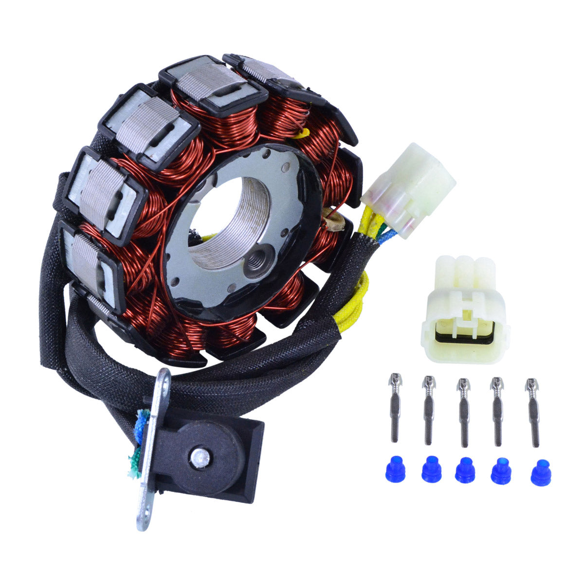 Circular motorcycle generator stator with copper wire coils, black casing, connector plugs, and mounting hardware.