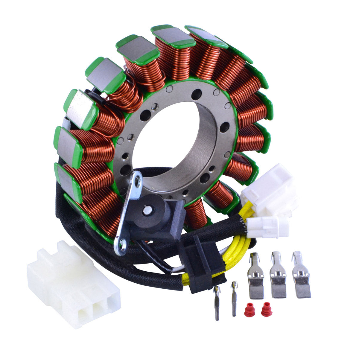 Copper coil stator with black mounting plate and attached yellow and black wiring harness with white connectors and metal.