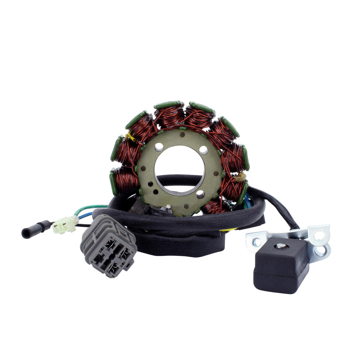 Circular motorcycle stator with copper coil windings on a metallic frame, connected to black wiring harness and rectangular.