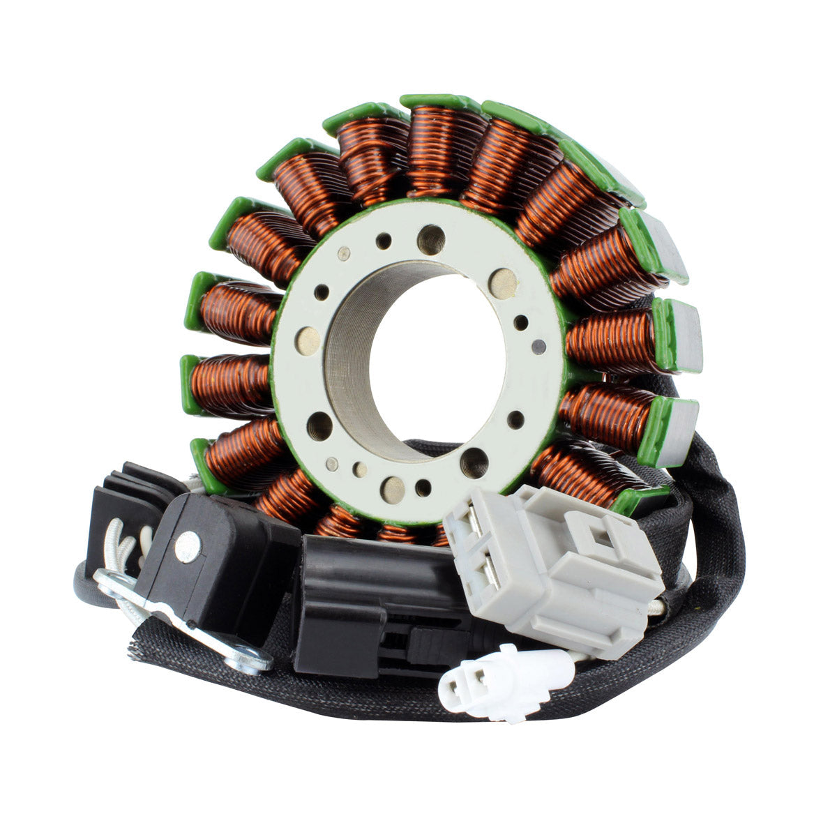 Circular motorcycle generator stator with copper wire coils wrapped around green laminated steel core and attached black.