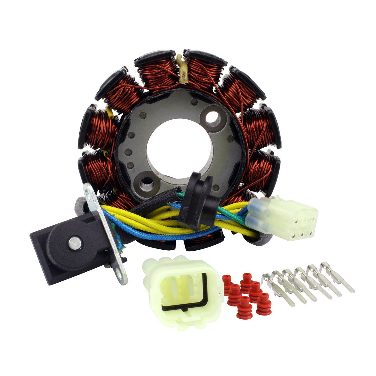 Circular motorcycle generator stator with copper wire coils, attached multicolored wires, and included electrical connectors