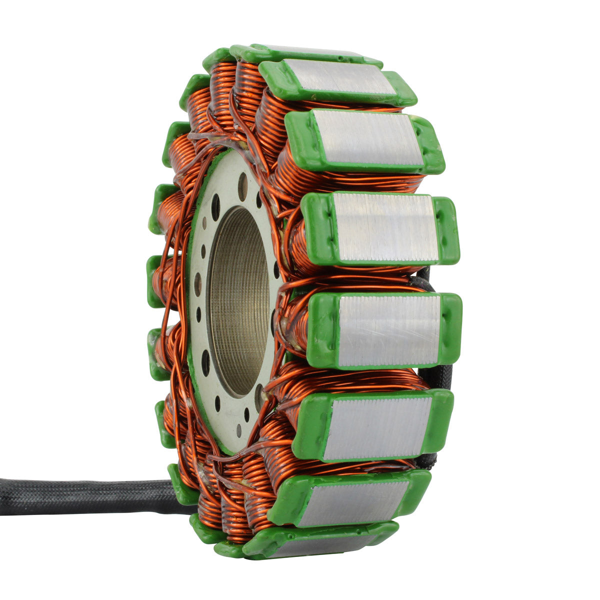 Copper wire-wound motorcycle generator stator with green insulation and central gray metal core.