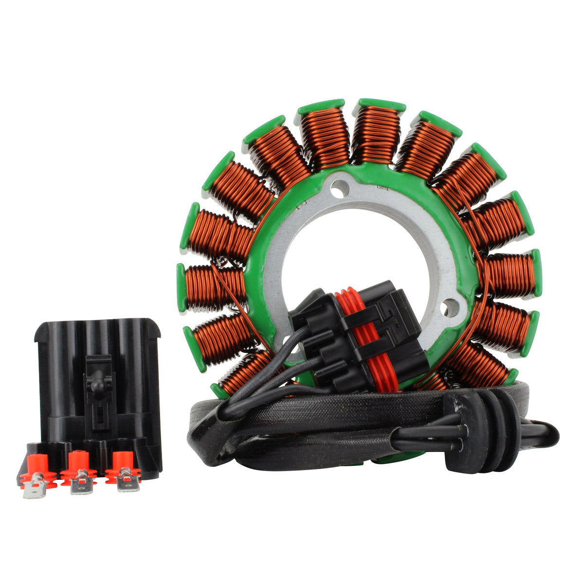 Copper coil stator with green and silver metal frame, attached black wiring harness with red connectors and black plug.