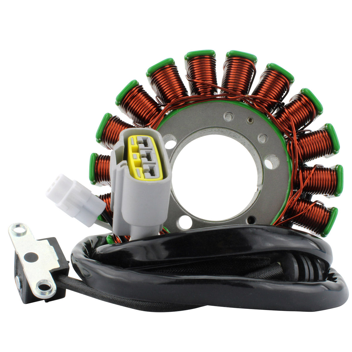 Copper coil generator stator with circular metal frame and attached black wiring harness with white connector.
