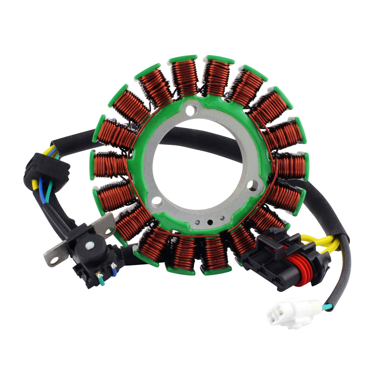 Circular motorcycle stator with copper wire coils on green base and attached black wiring harnesses with connectors.