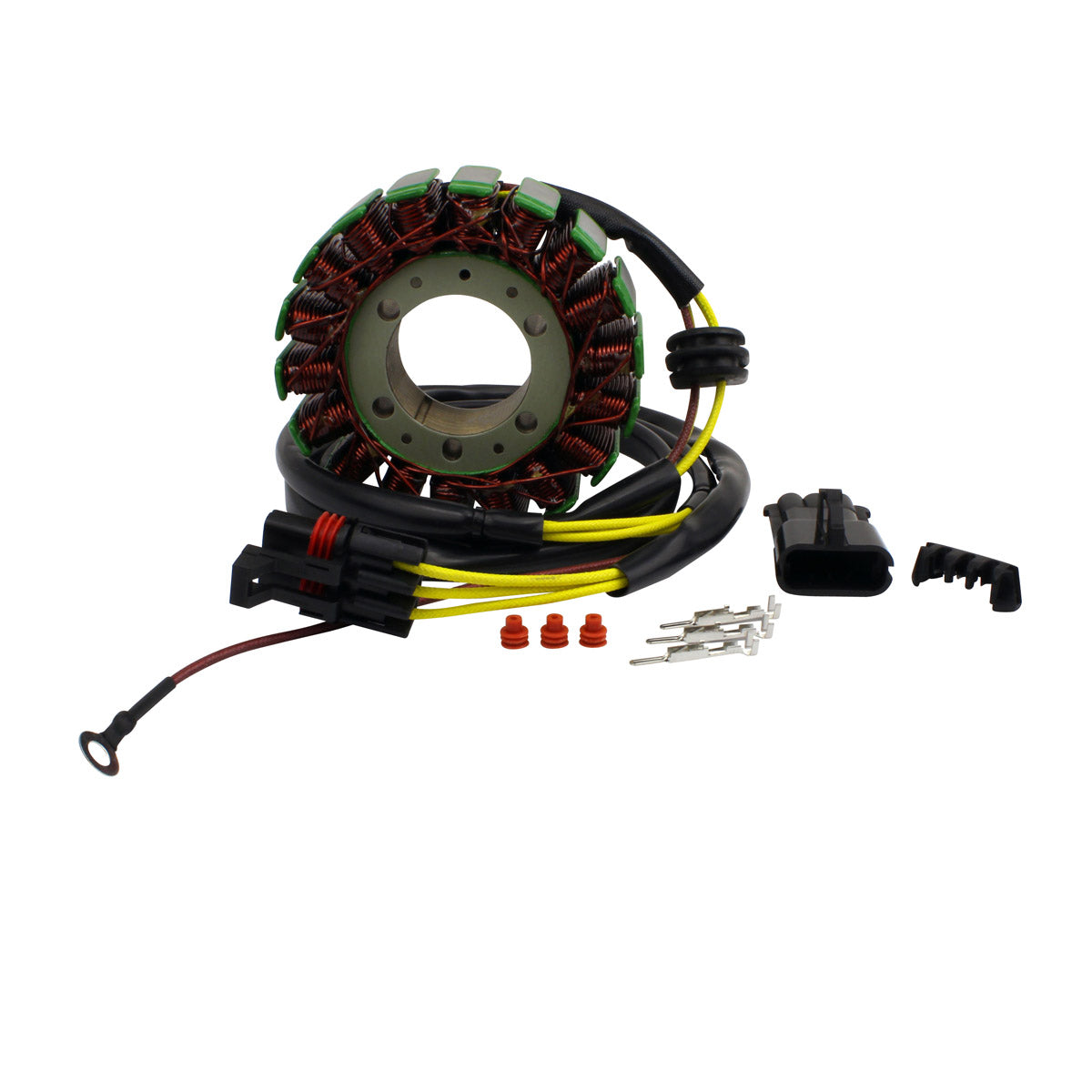 Circular motorcycle stator coil with copper windings, black and yellow wiring harness, and connector clips.