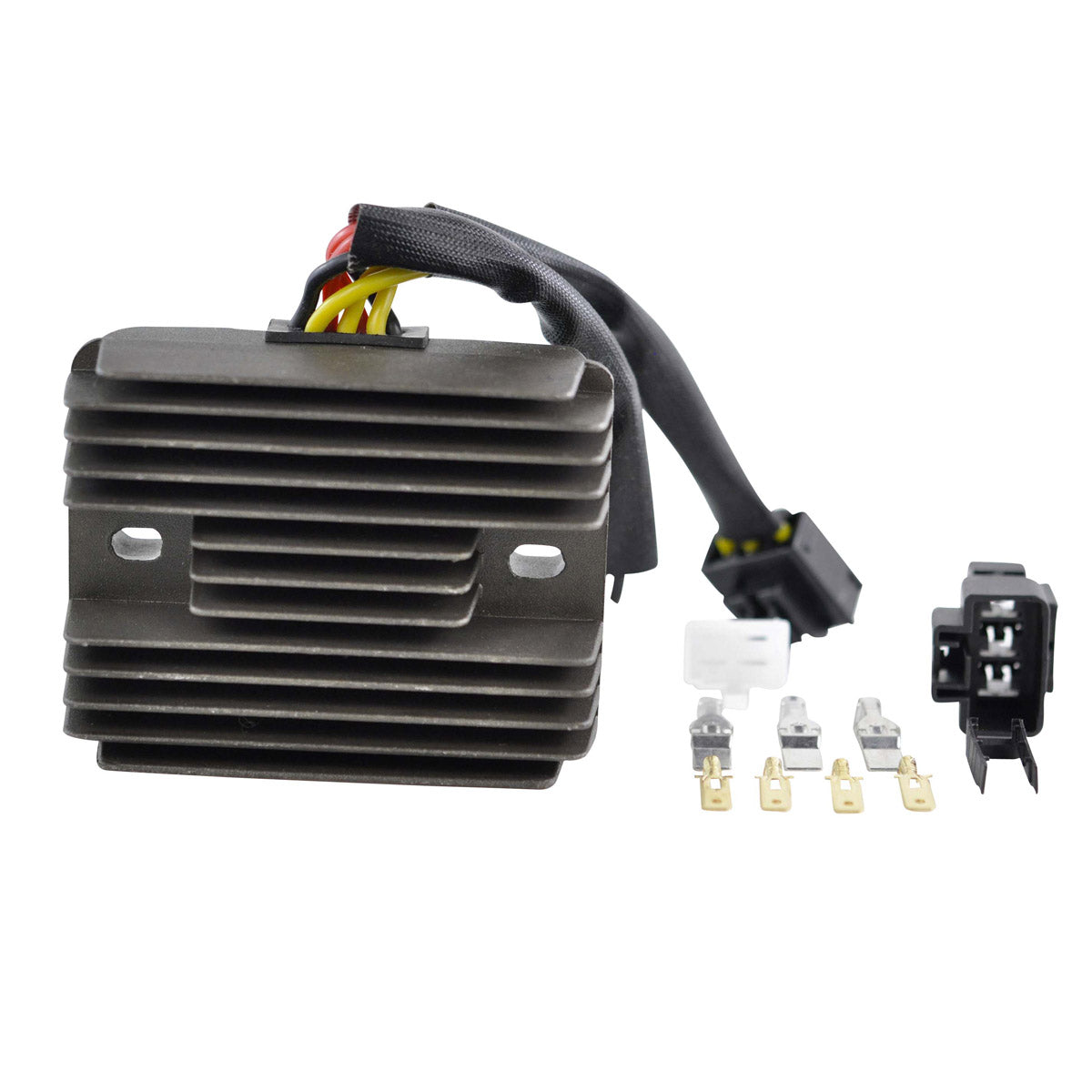 Black rectangular Mosfet voltage regulator with horizontal cooling fins, attached wiring harness, and five brass electrical.