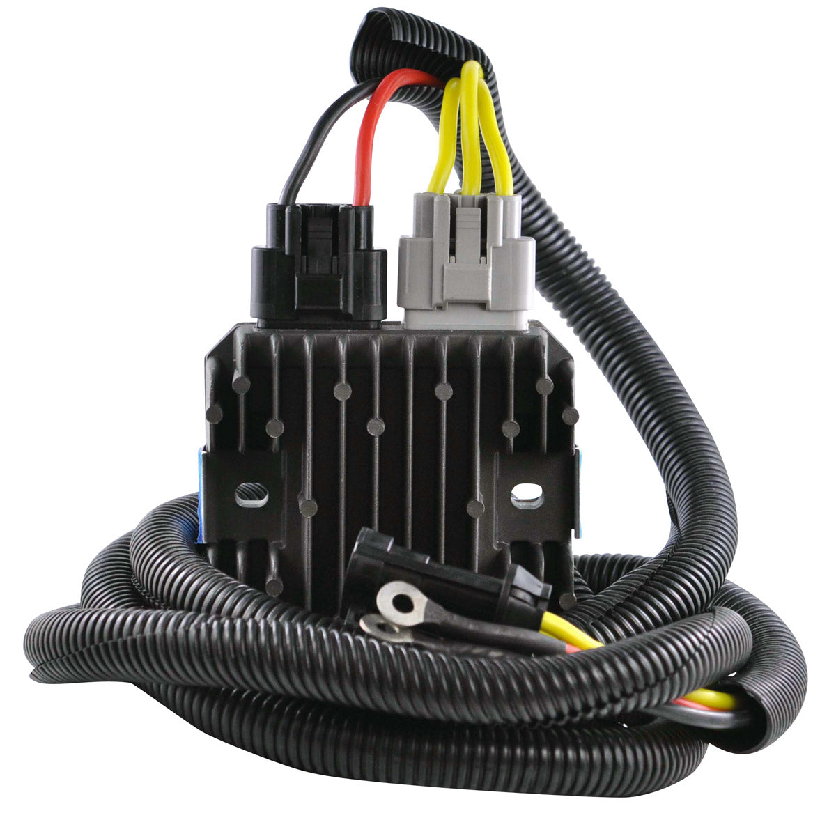 Black rectangular Mosfet regulator with cooling fins, attached wiring harness with red, yellow, and black insulated wires.