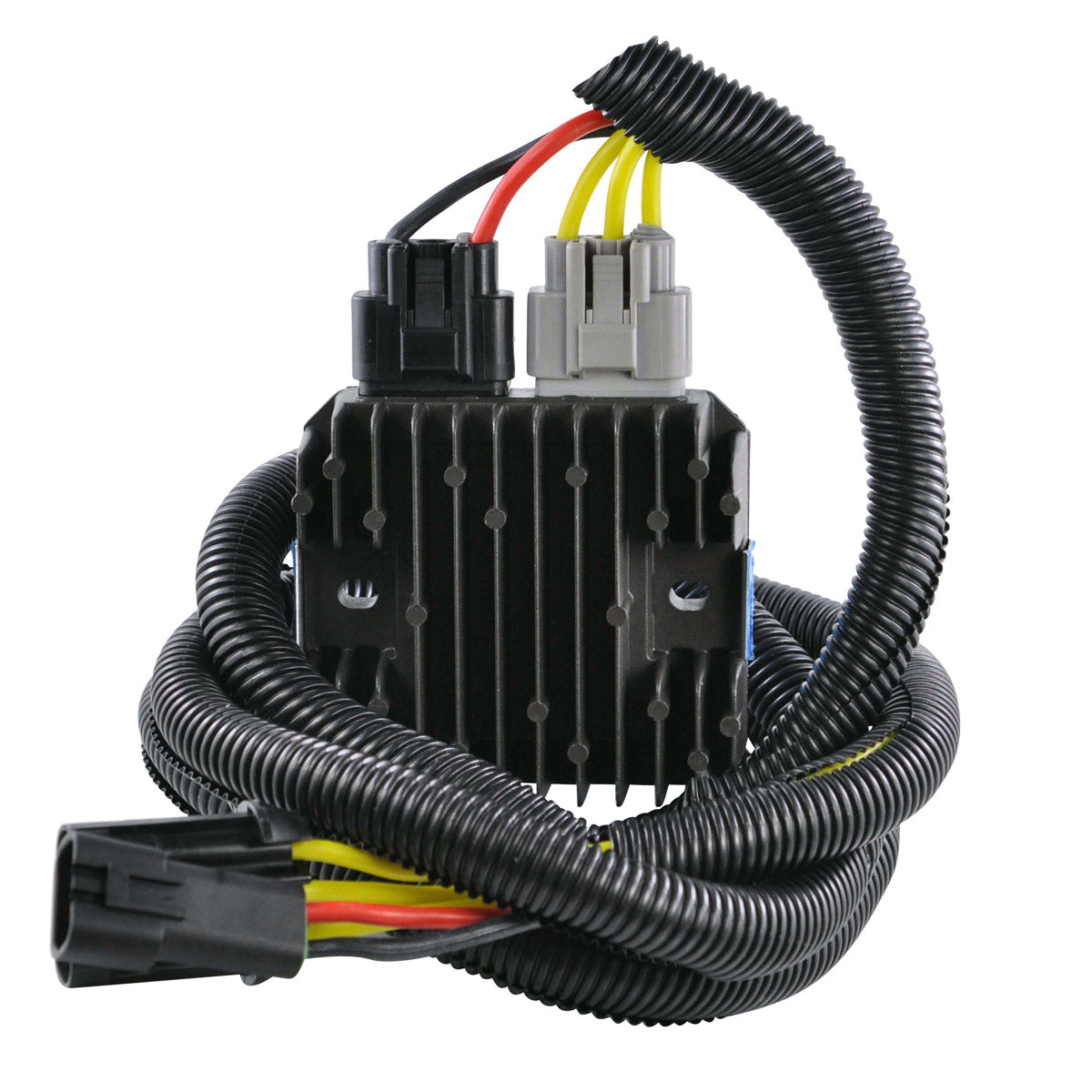 Black rectangular heavy duty MOSFET regulator with cooling fins and bundled multicolored wires wrapped in black protective.