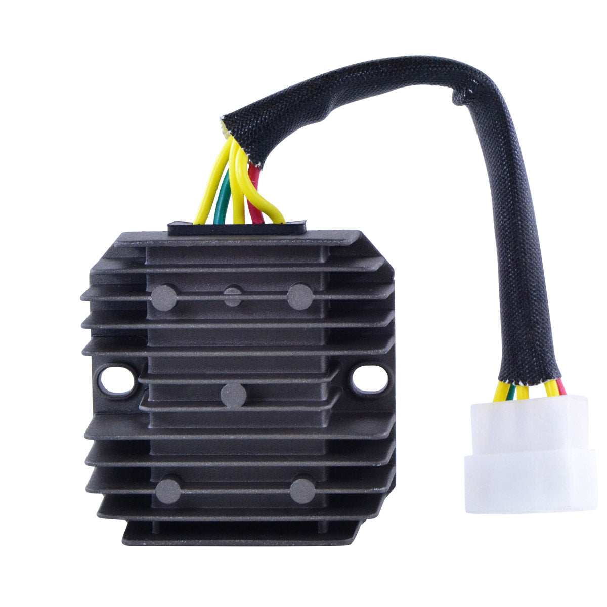 Black rectangular voltage regulator rectifier with cooling fins, attached multicolored wires, and white plastic connector.
