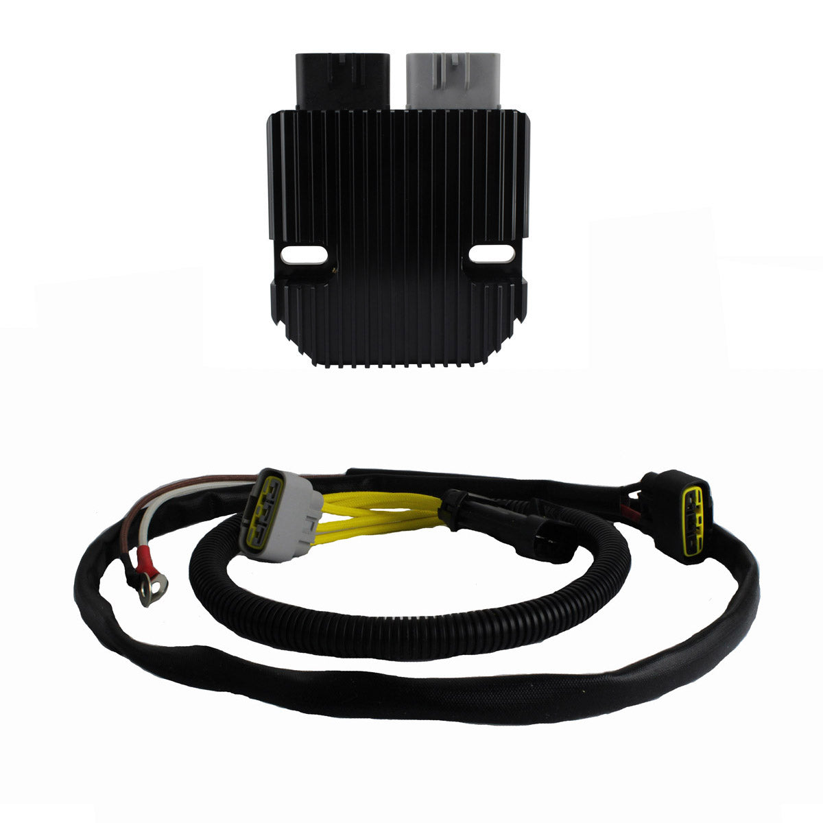 Black finned aluminum voltage regulator with integrated connectors and a coiled wiring harness with yellow, black, and red.