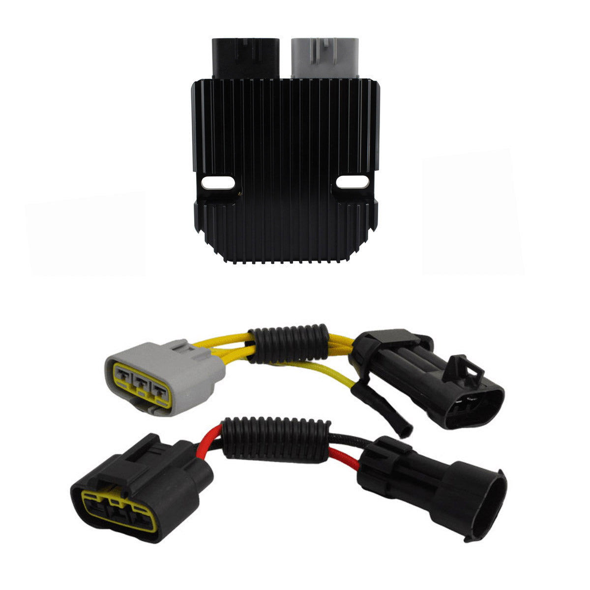 Black finned aluminum voltage regulator with two multi-pin gray and black plastic connectors attached by yellow and red.